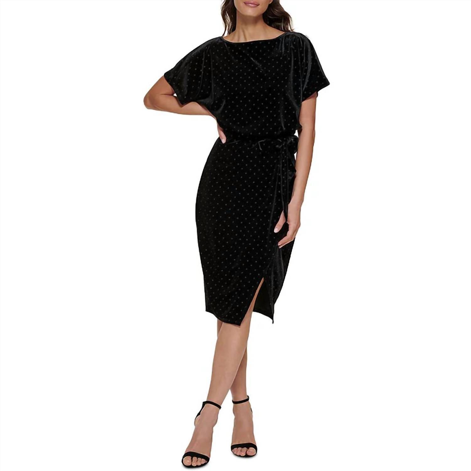 New Kensie Studded Velvet Sheath Belted Dress In Black